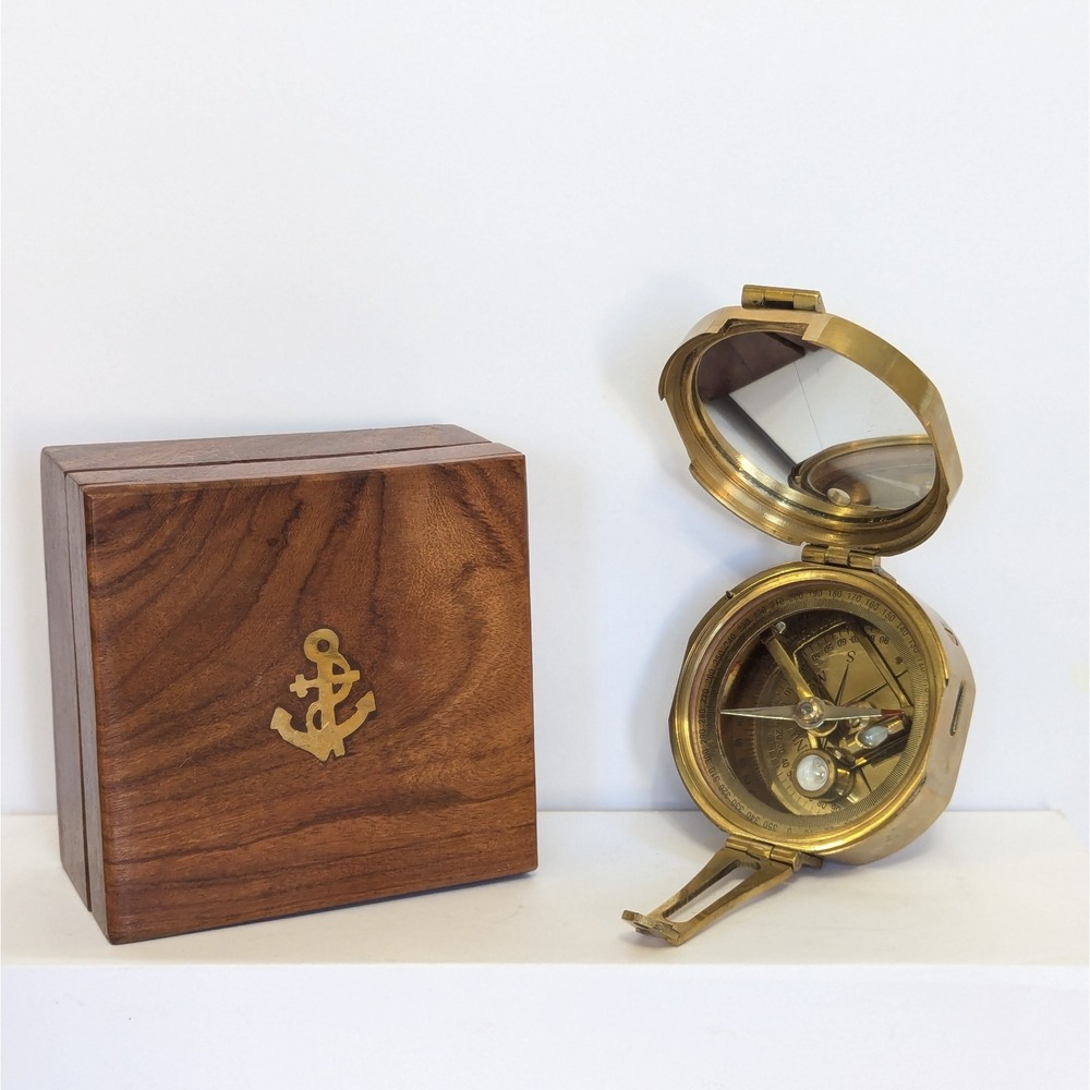 Brass Stanley London Natural Sine Compass w/Wood Box Anchor Nautical Maritime